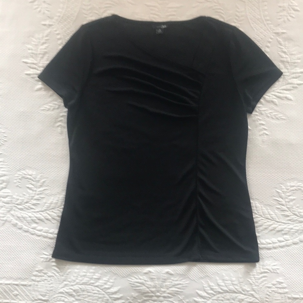Black asymmetric gathered neck, short sleeve top